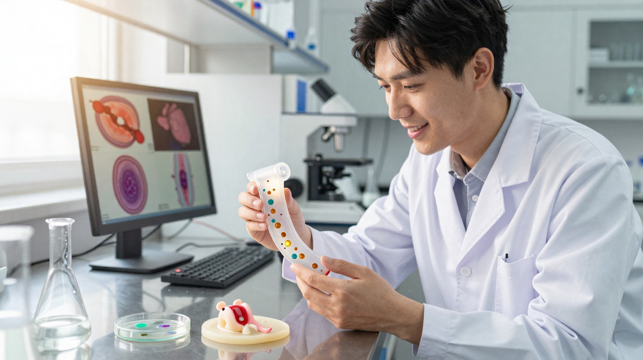 Scientist in a lab coat examining a coloured model of the human digestive system with anatomical diagrams on a computer scree