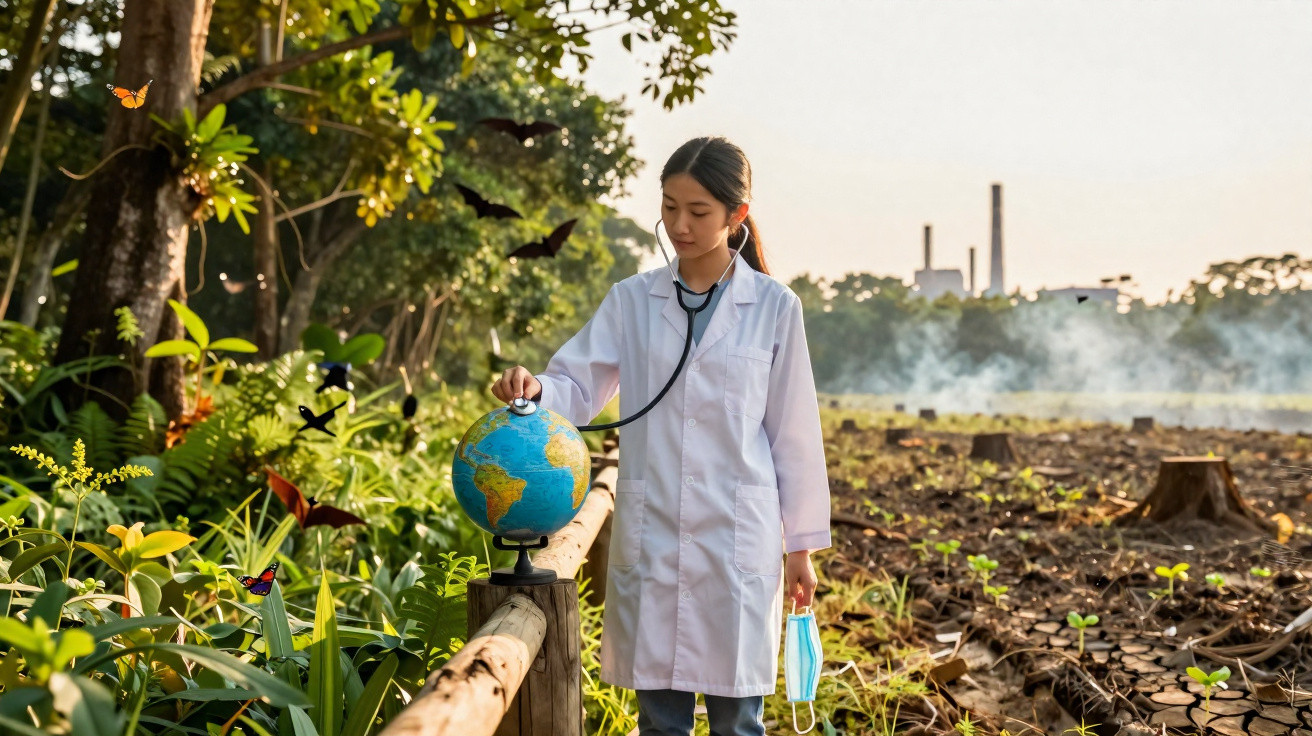 Woman in lab coat using stethoscope on a globe, standing between lush greenery and a deforested, smoky area.