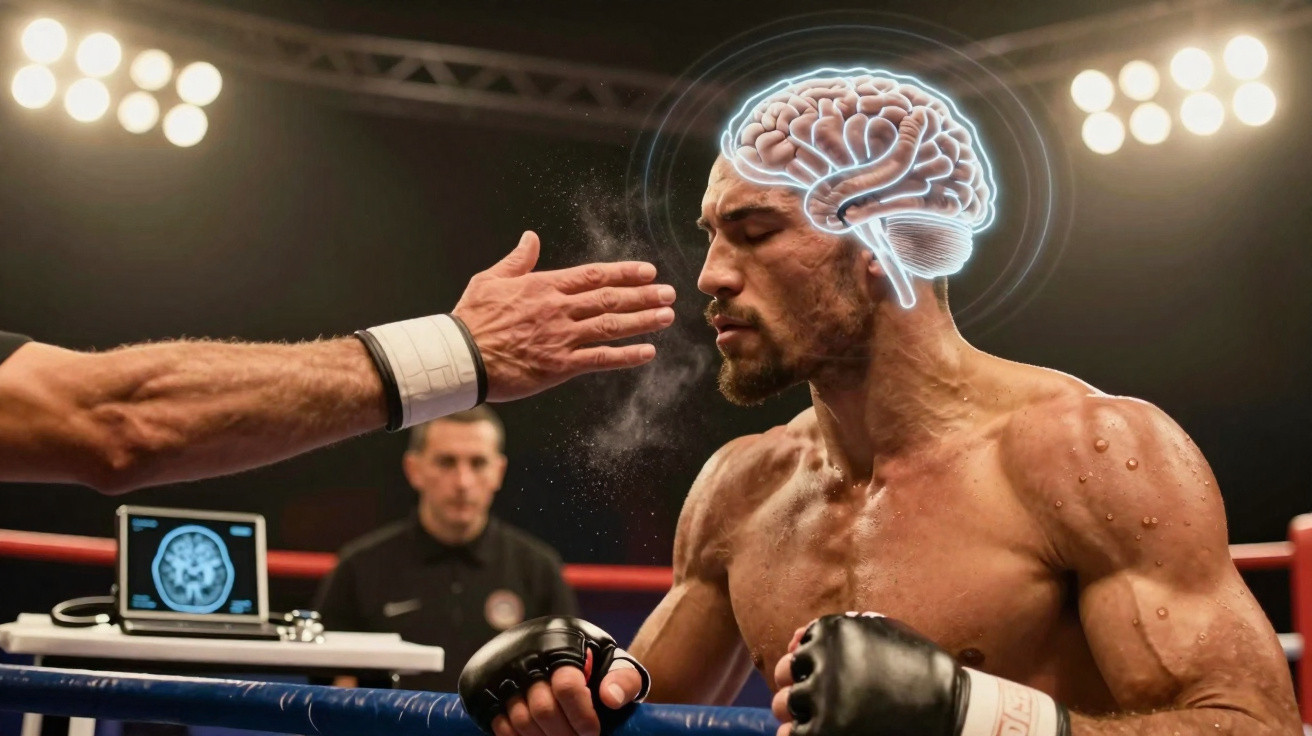Boxer receiving a punch with a digital brain overlay illustrating impact on the head during a match.
