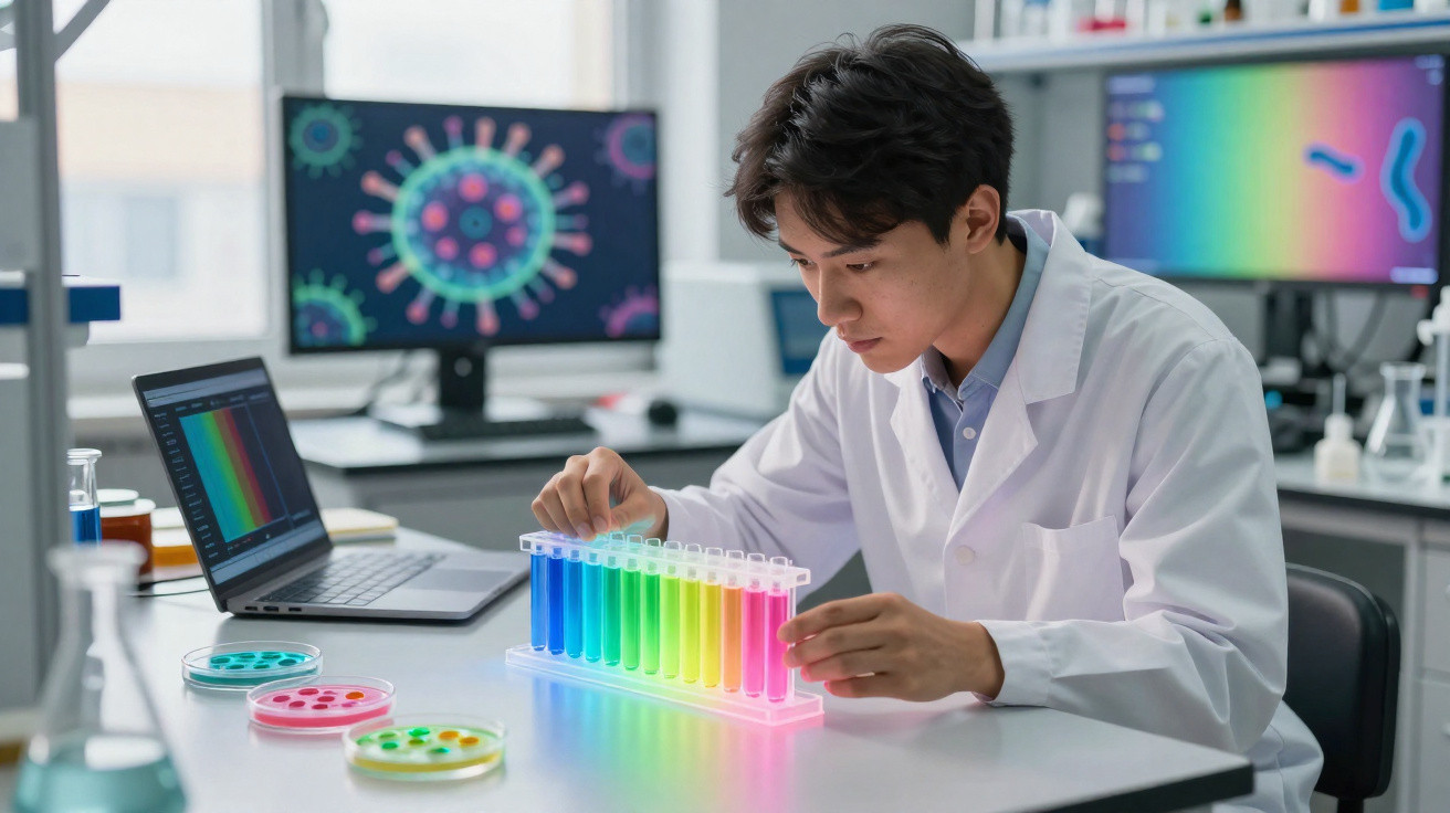 Scientist in white coat examining rainbow-coloured test tubes in a laboratory with computers and petri dishes.
