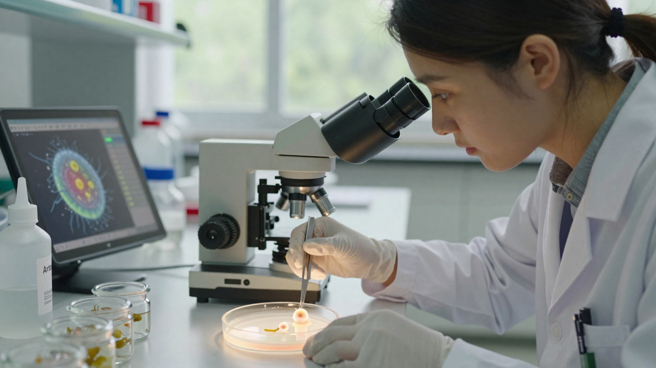 Scientist in lab coat examining specimen in petri dish using microscope in a laboratory setting.