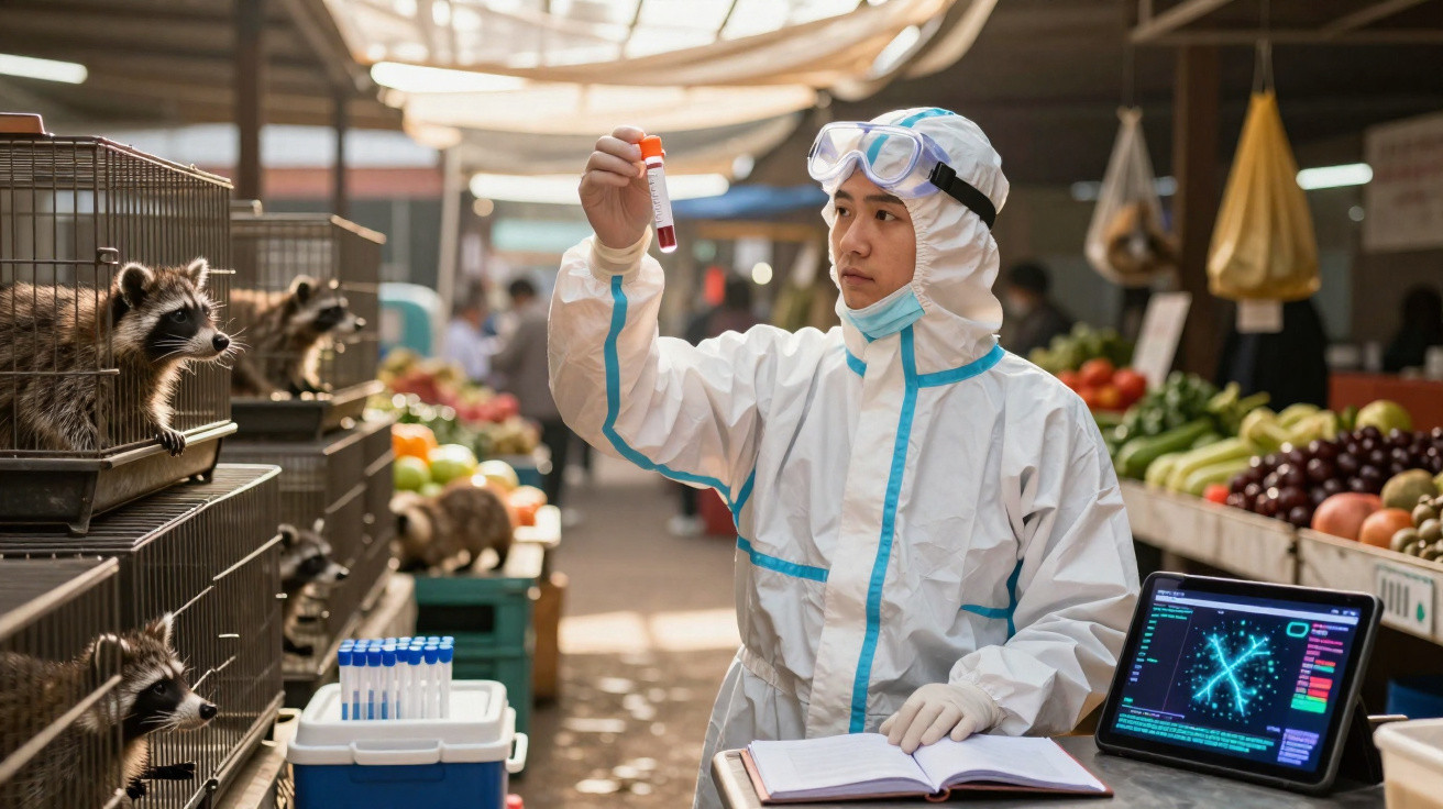 Scientist in protective gear examining a test tube near caged raccoons in a market with a laptop and notes.