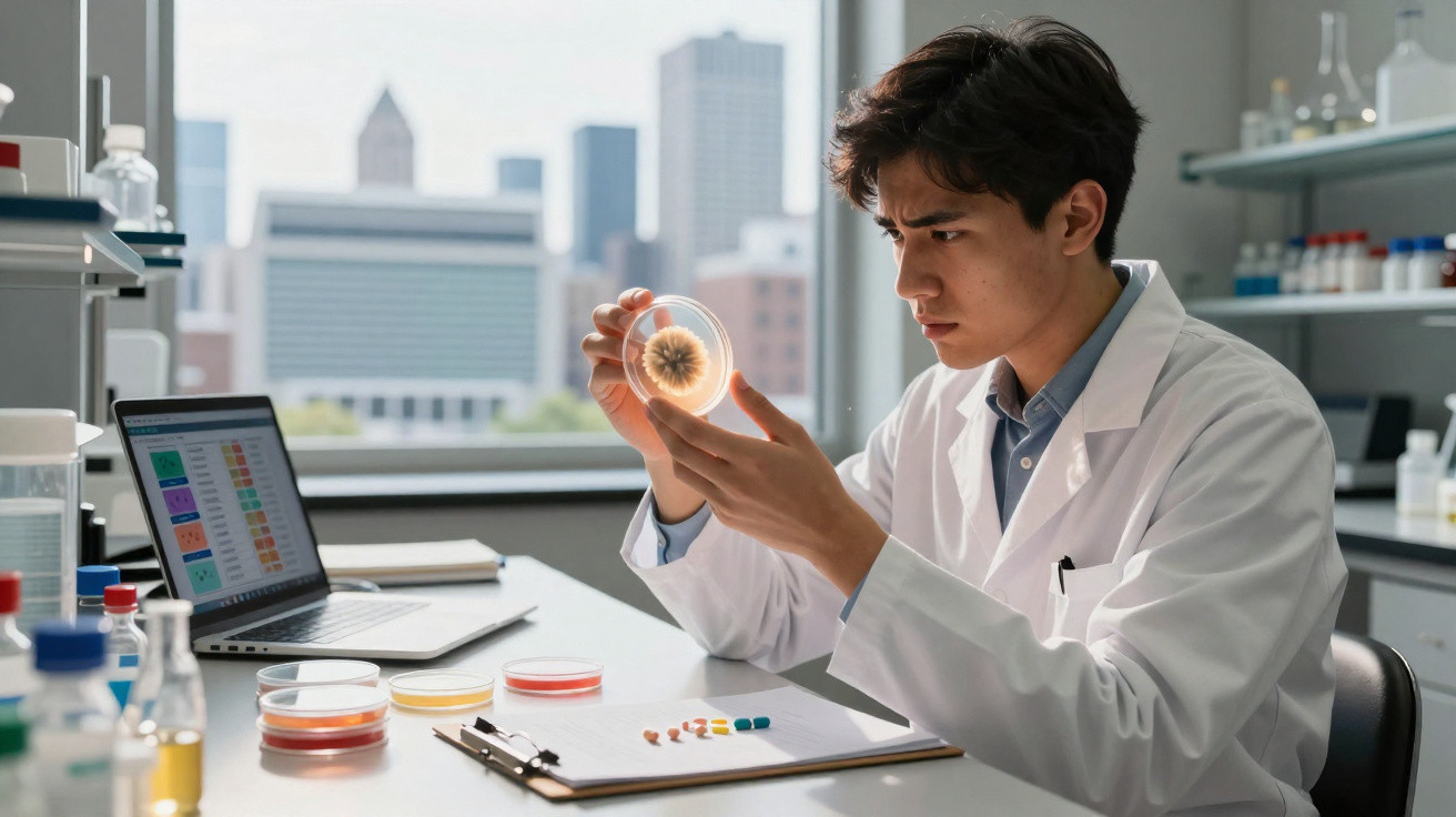Scientist in lab coat examining a petri dish with bacterial growth in a modern laboratory.