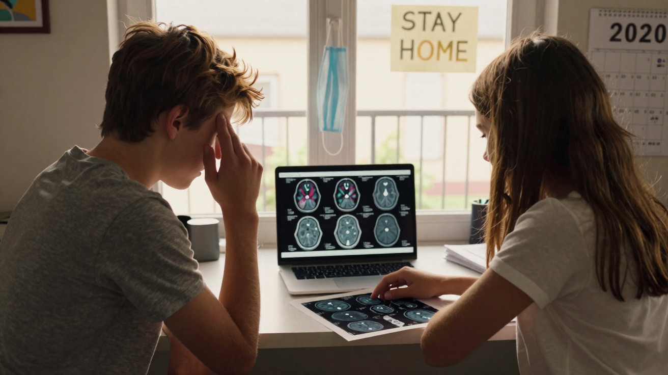 Two people reviewing brain scan images on a laptop and paper at a desk with a "Stay Home" sign.