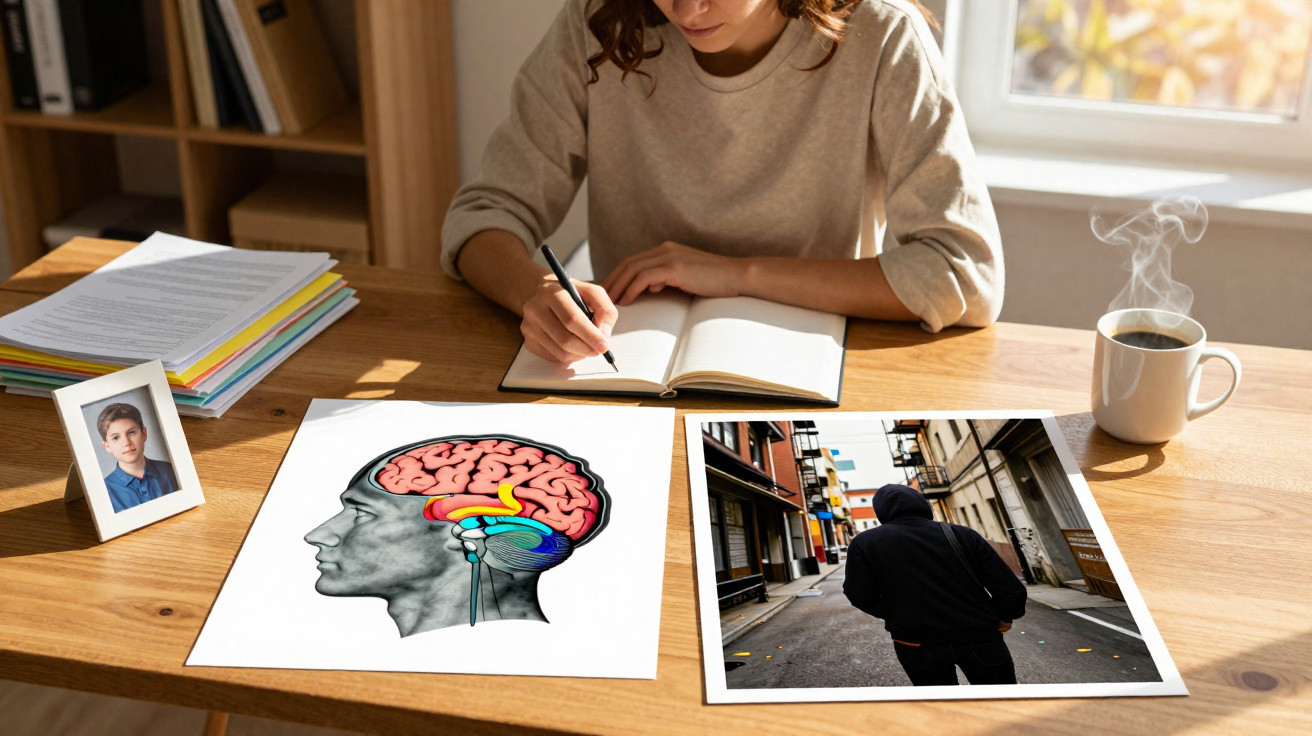 Person writing in notebook at desk with brain diagram, photo of person in hoodie, steaming coffee, and documents.