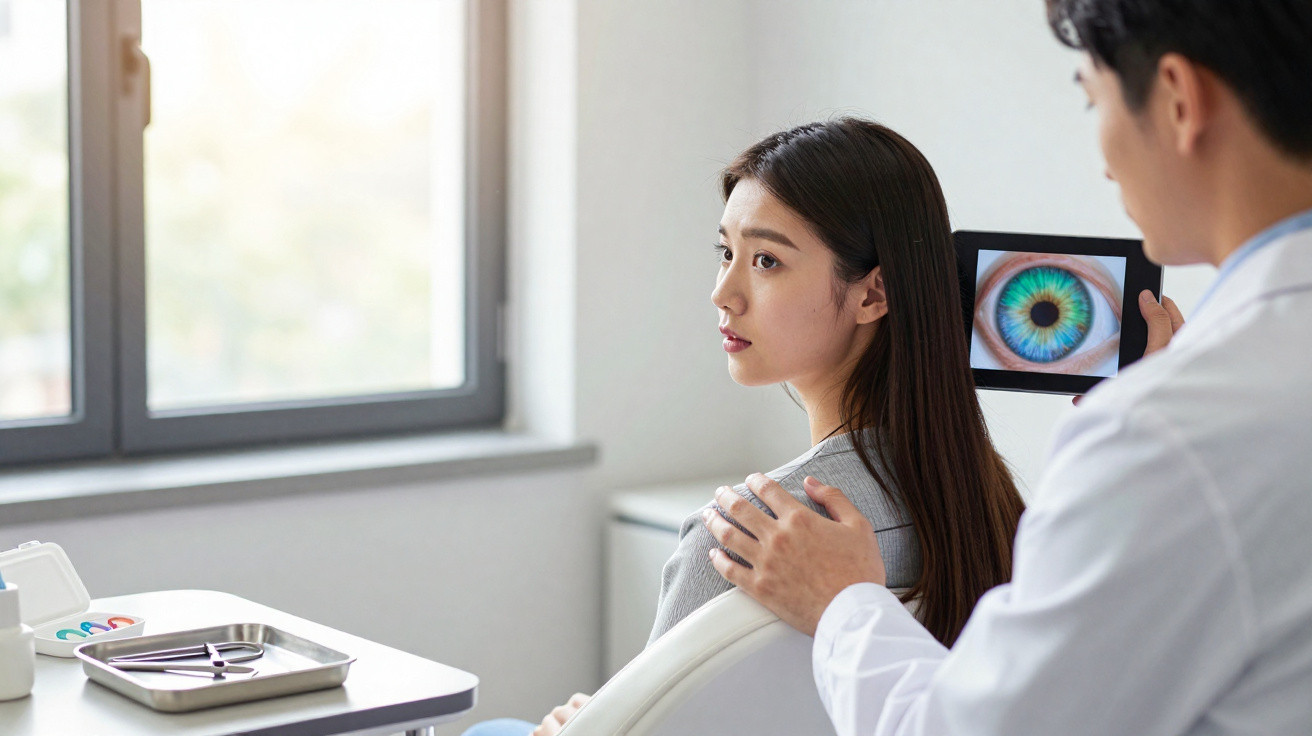 Doctor showing a close-up image of an eye on a tablet to a female patient in a medical office.