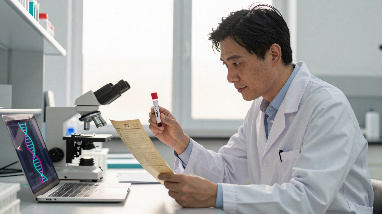 Scientist in white lab coat examining DNA test tube and document with microscope and DNA image on laptop nearby.