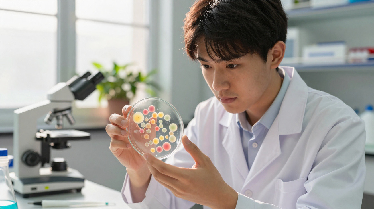 Scientist in lab coat examining colourful bacterial colonies in a petri dish, microscope in background.