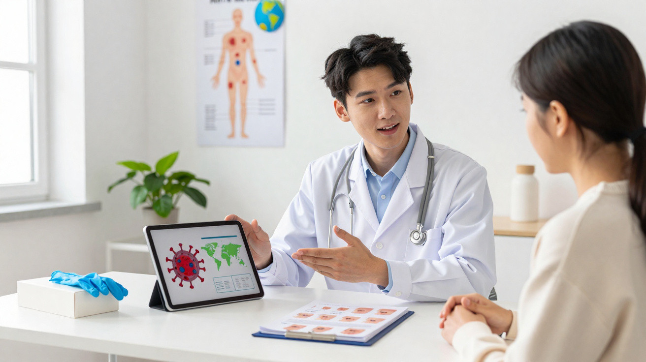 Doctor explaining virus information on a tablet to a female patient in a medical consultation room.