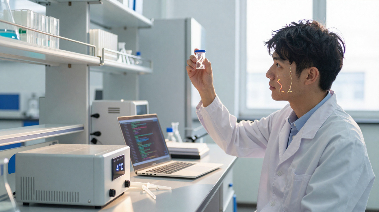 Scientist in a lab coat examining a small sample vial in a laboratory with a laptop and equipment nearby.
