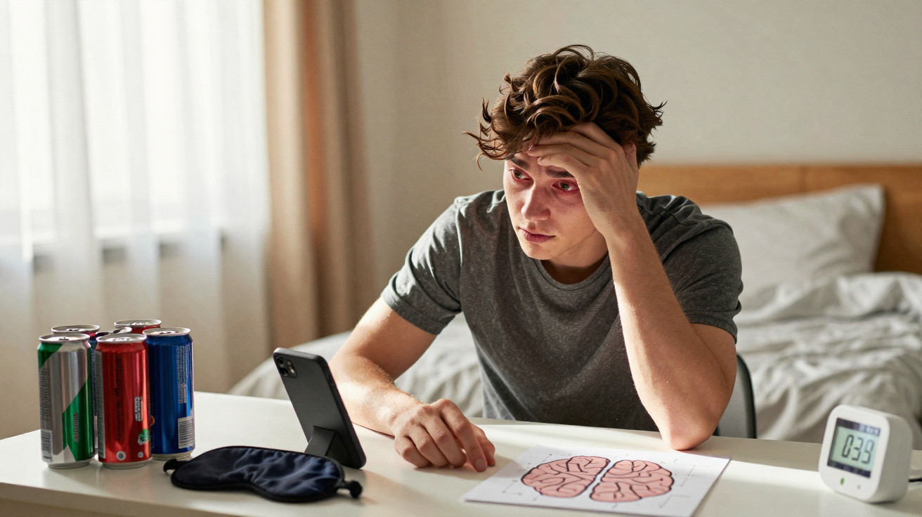 Tired young man with red eyes sits at a desk with energy drinks, brain diagram, and a phone in a bedroom.