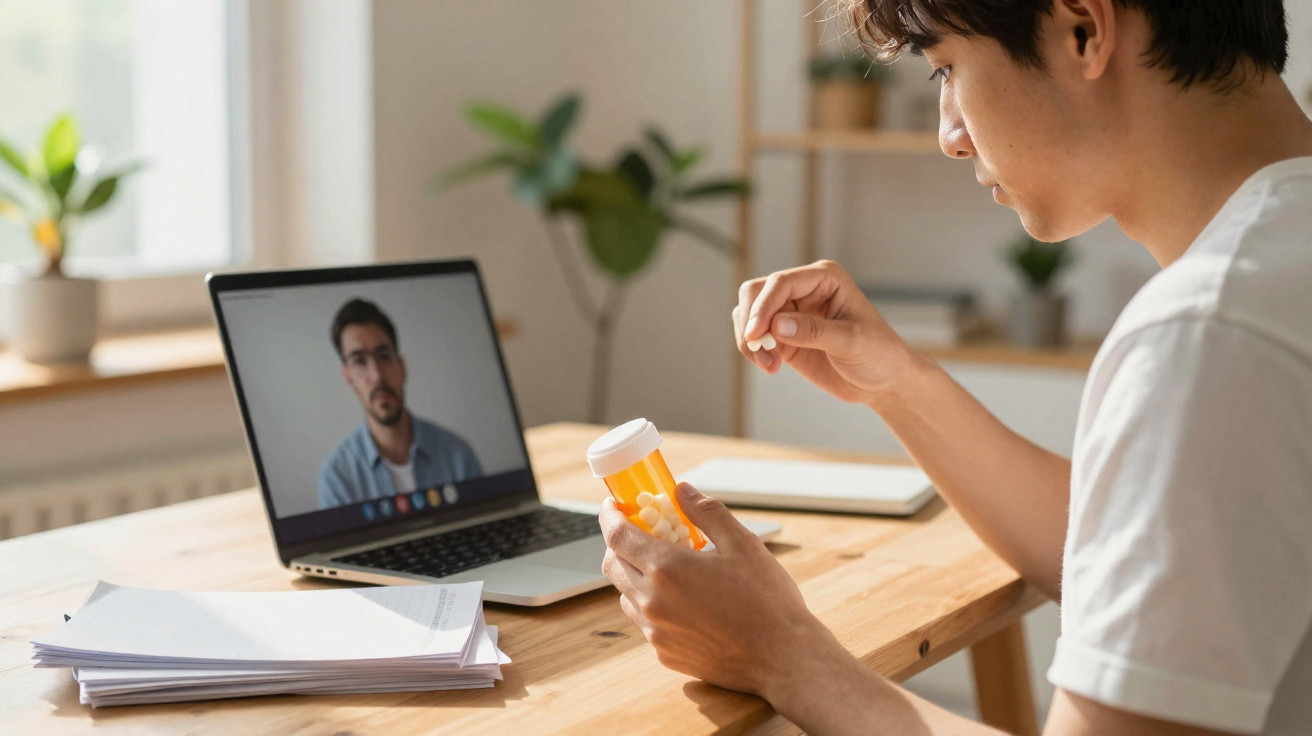 Young man holding a pill bottle during a virtual consultation with a doctor on a laptop at a wooden table.