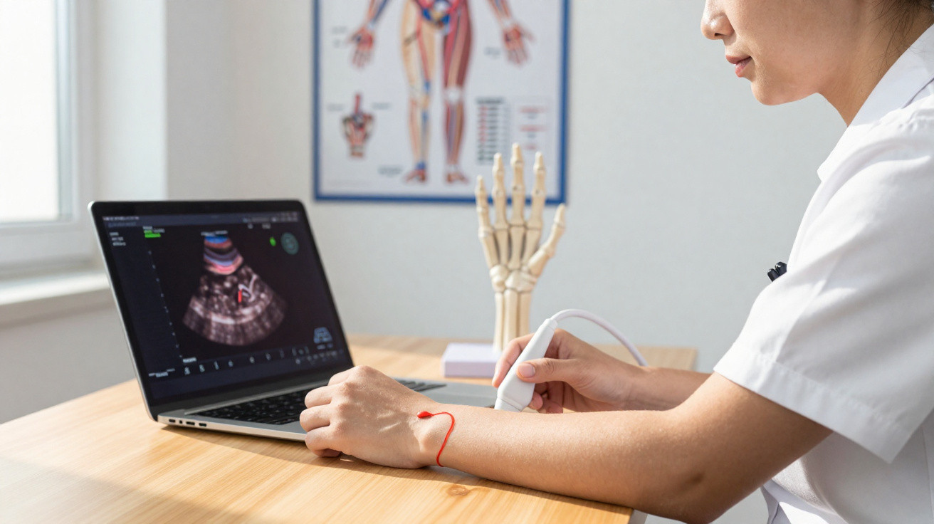 Healthcare professional performing an ultrasound scan on a patient's forearm with an anatomical model in the background.