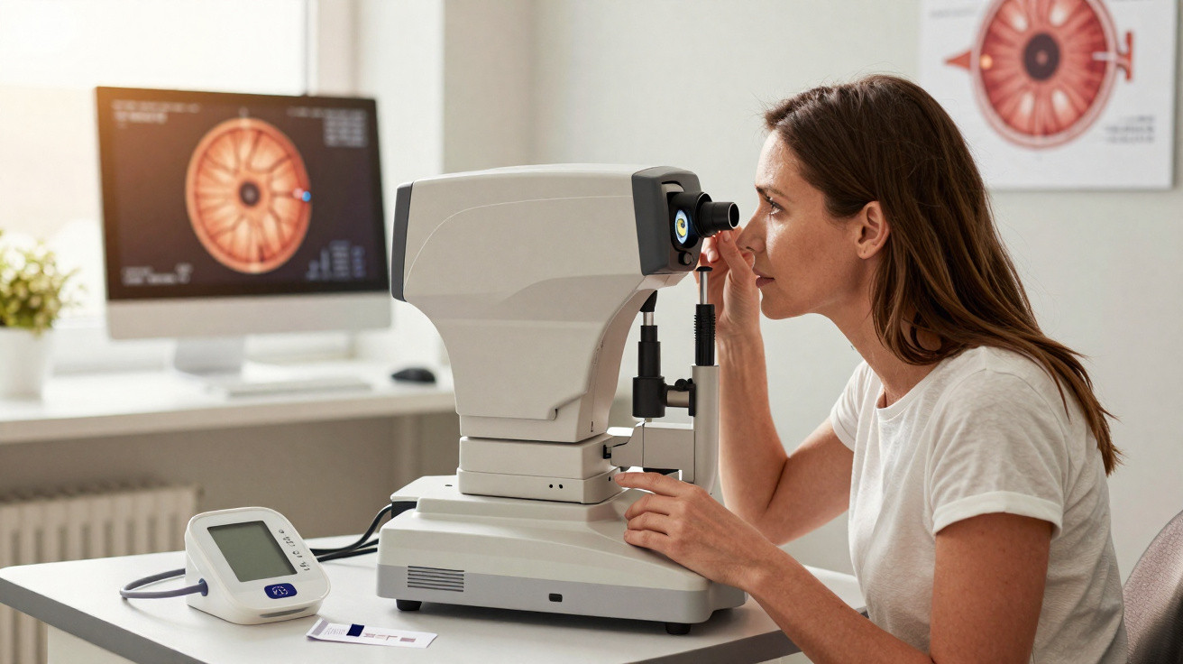 Woman undergoing eye exam using a retinal scanner in an optometrist's clinic with eye imagery on a monitor.