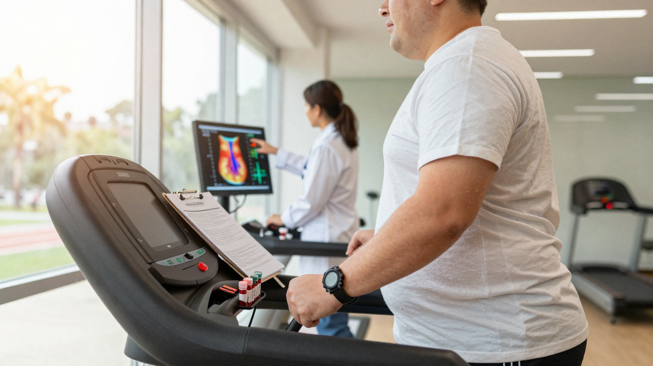 Man exercising on a treadmill monitored by a doctor reviewing heart scan results on a computer screen.