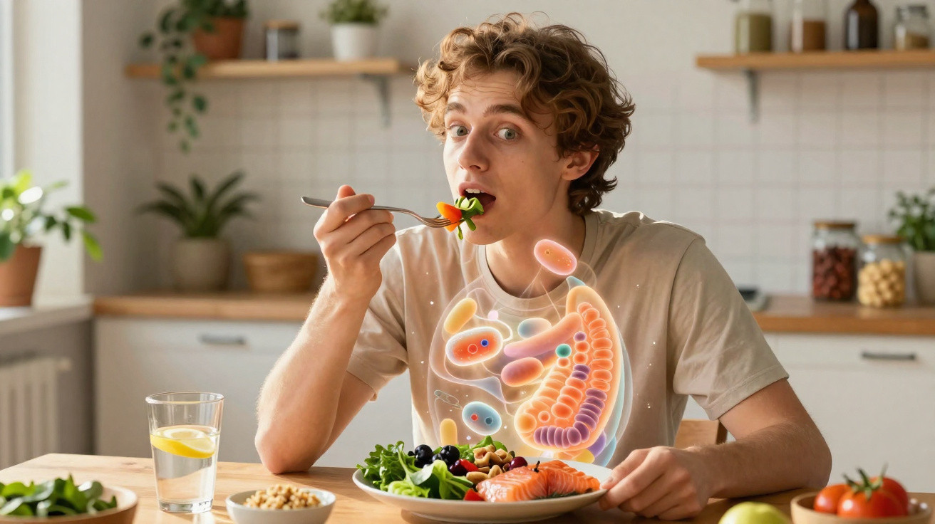 Young man eating healthy meal with animated gut bacteria illustration overlay in bright kitchen.
