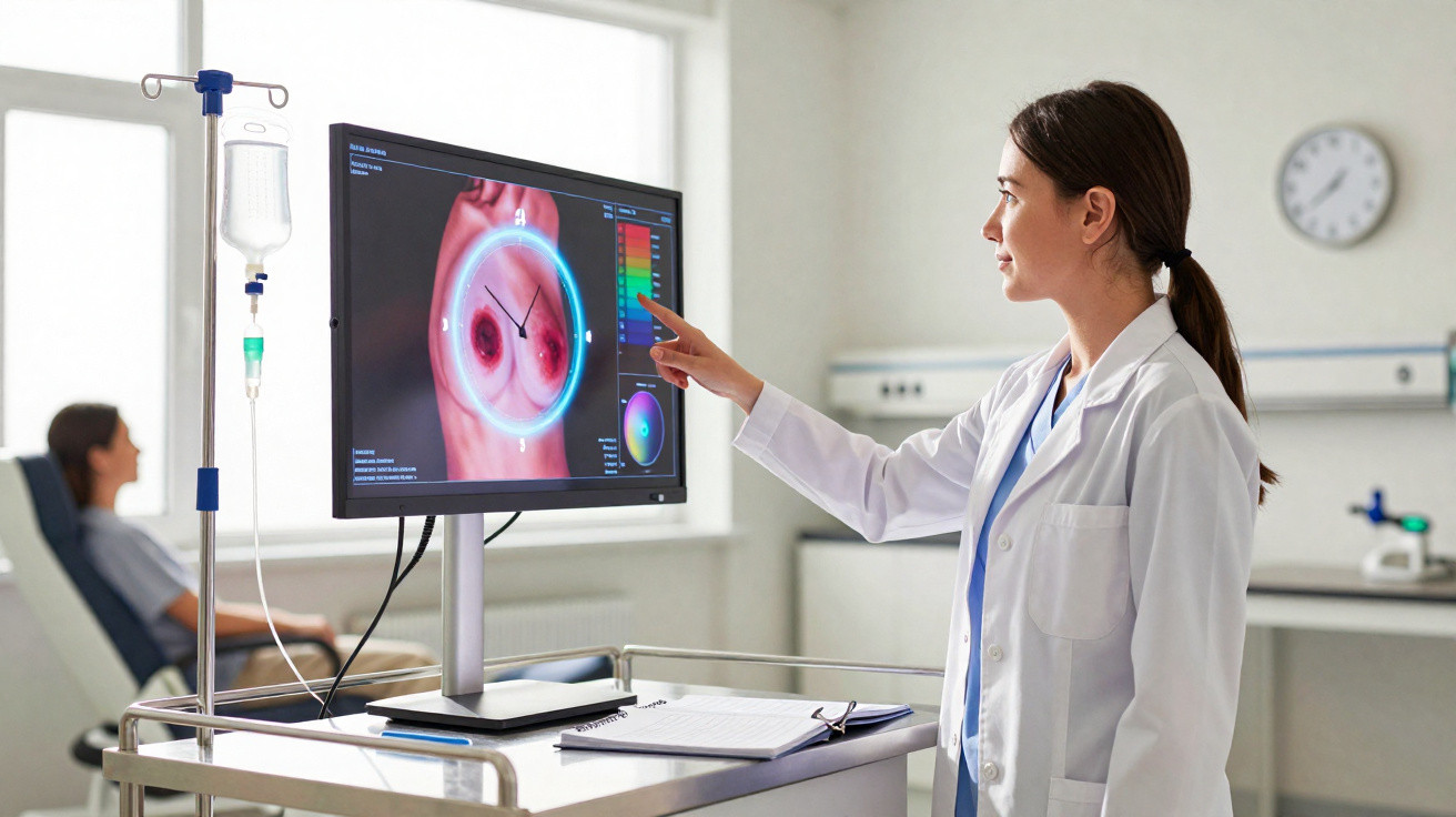 Female doctor analysing breast scan on screen with patient in hospital consultation room