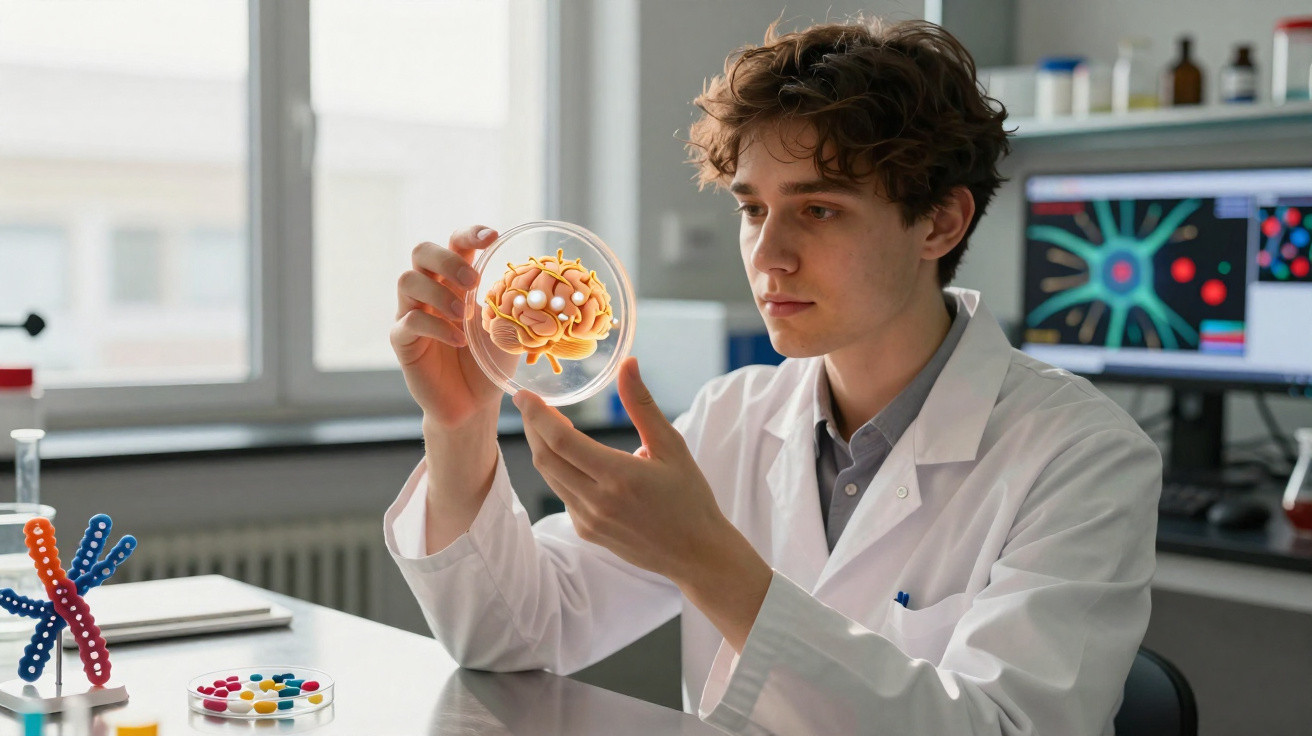 Young male scientist in lab coat examining brain model in a petri dish in a laboratory setting
