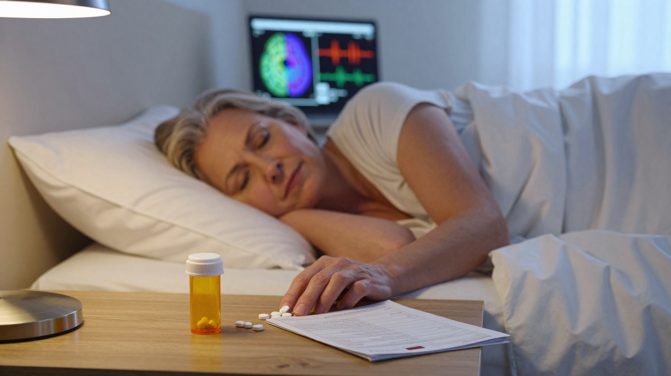 Mature woman sleeping in bed with pills, prescription bottle, and brain scan on screen in the background.