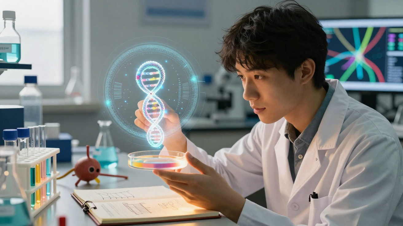Scientist in a lab coat examining a holographic DNA model above a petri dish with lab equipment in the background.