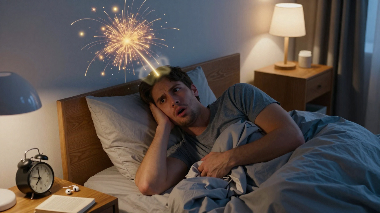 Man lying awake in bed with a glowing firework-like visual above his head indicating a headache or stress.