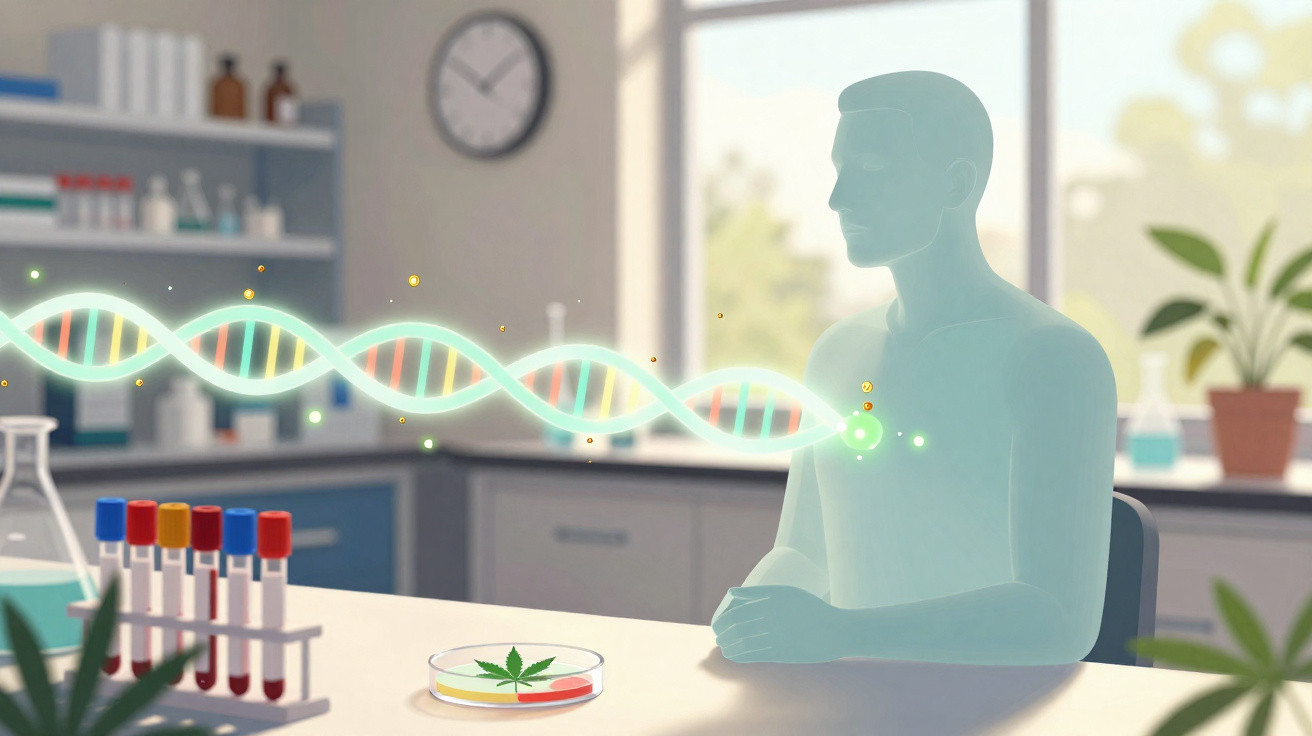 Transparent figure with glowing DNA strand linking to chest in a laboratory setting with cannabis petri dish.