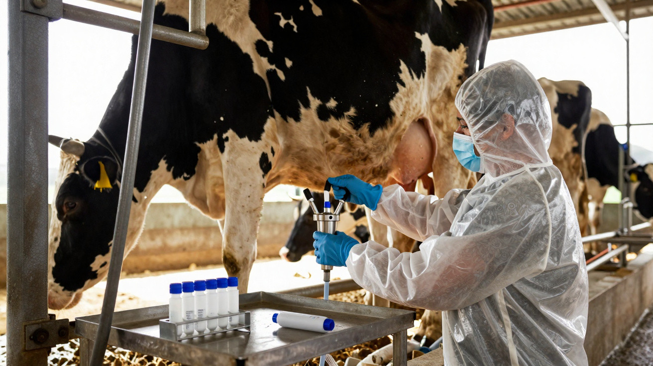 Person in protective gear collecting milk samples from a cow in a modern dairy farm setting.