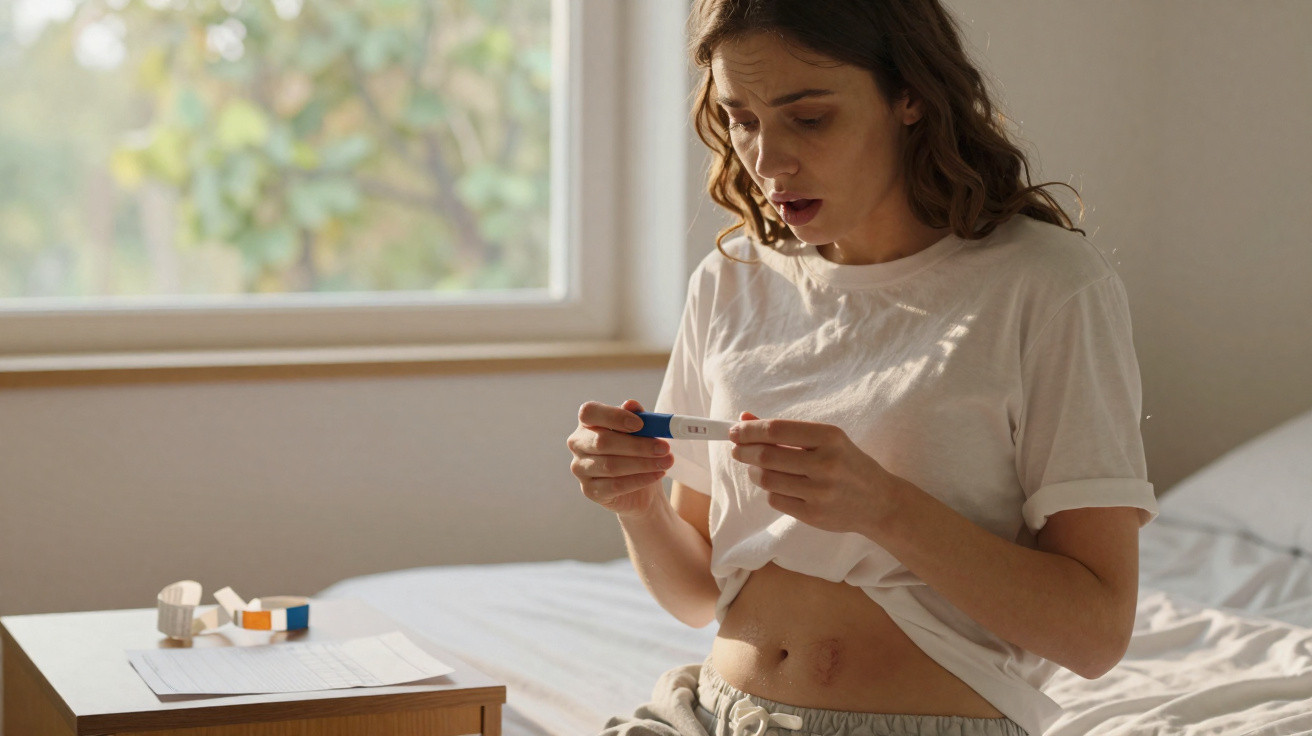 Worried woman sitting on bed looking at a positive pregnancy test near a window in natural light.
