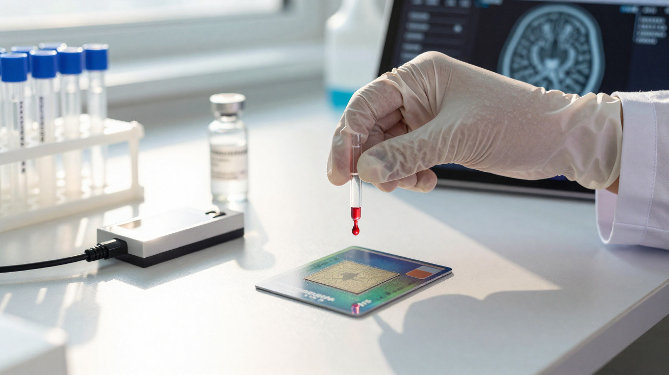 Gloved hand holding pipette dropping red liquid onto electronic chip with test tubes and brain scan in background.