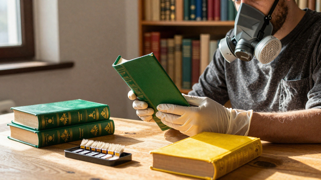 Person wearing gloves and a respirator mask carefully handling old books on a wooden table with cleaning supplies.