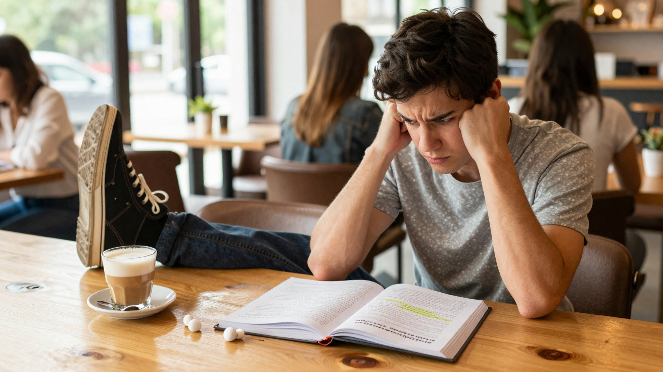 Young man sitting at a café table with feet up, looking stressed while reading an open book.