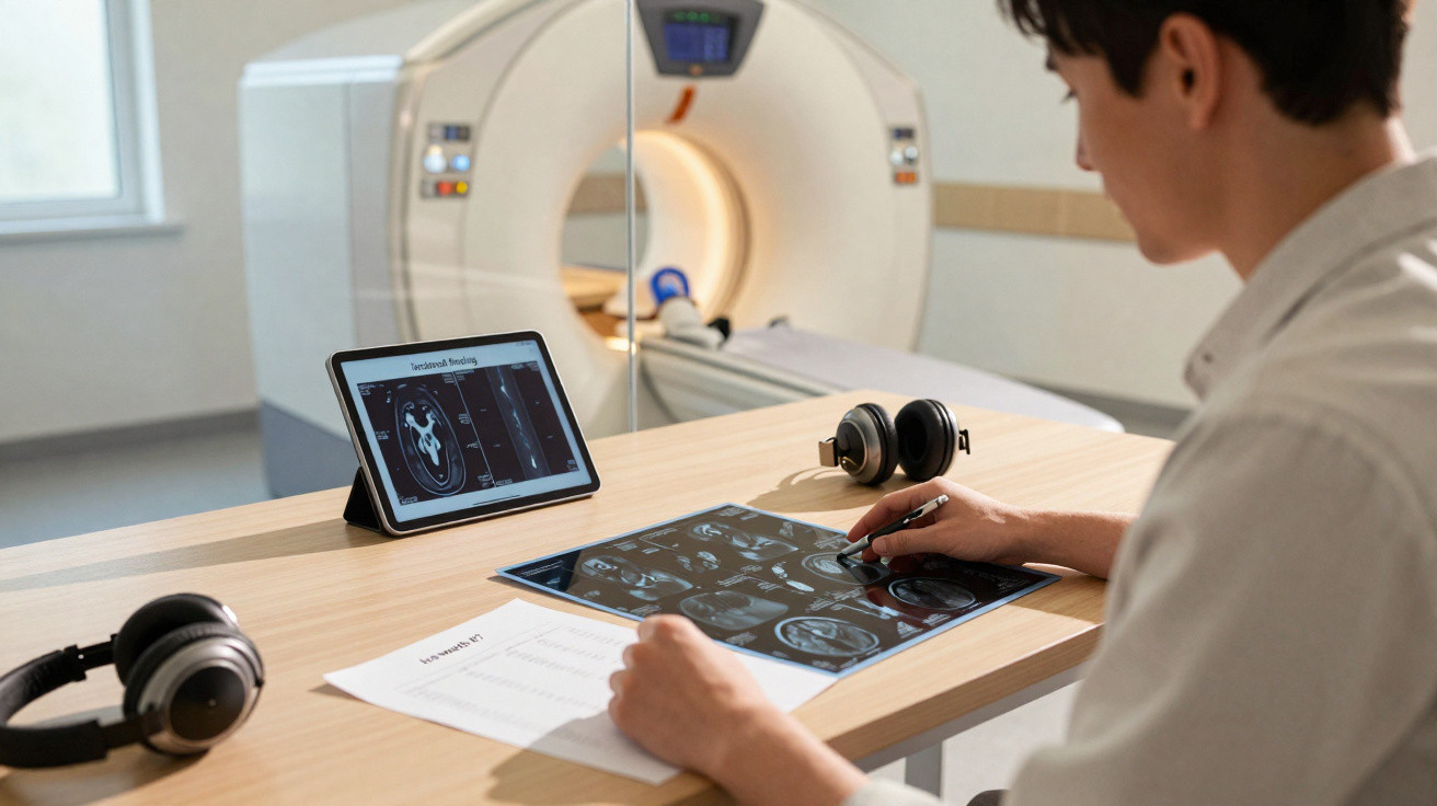 Medical professional analysing brain scan images on a tablet and lightbox near an MRI machine.
