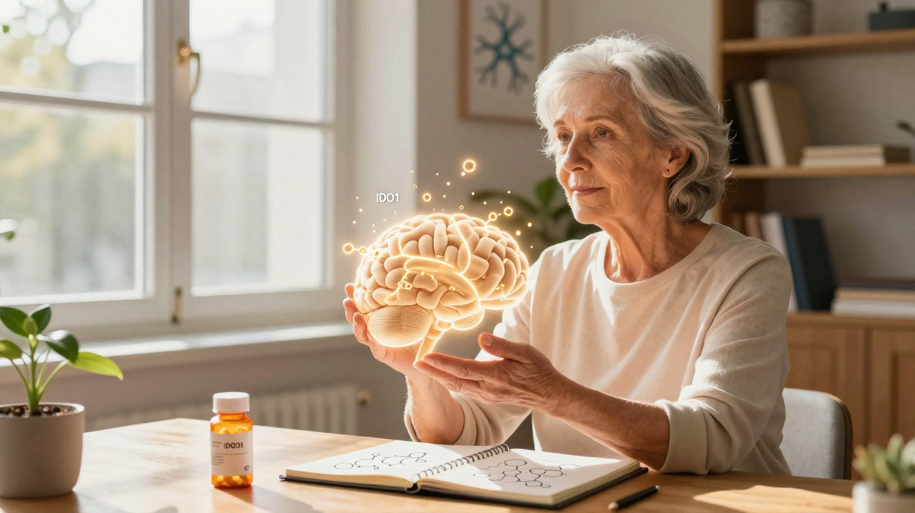 Elderly woman holding a glowing digital brain model with notes and medication on a table by a window.