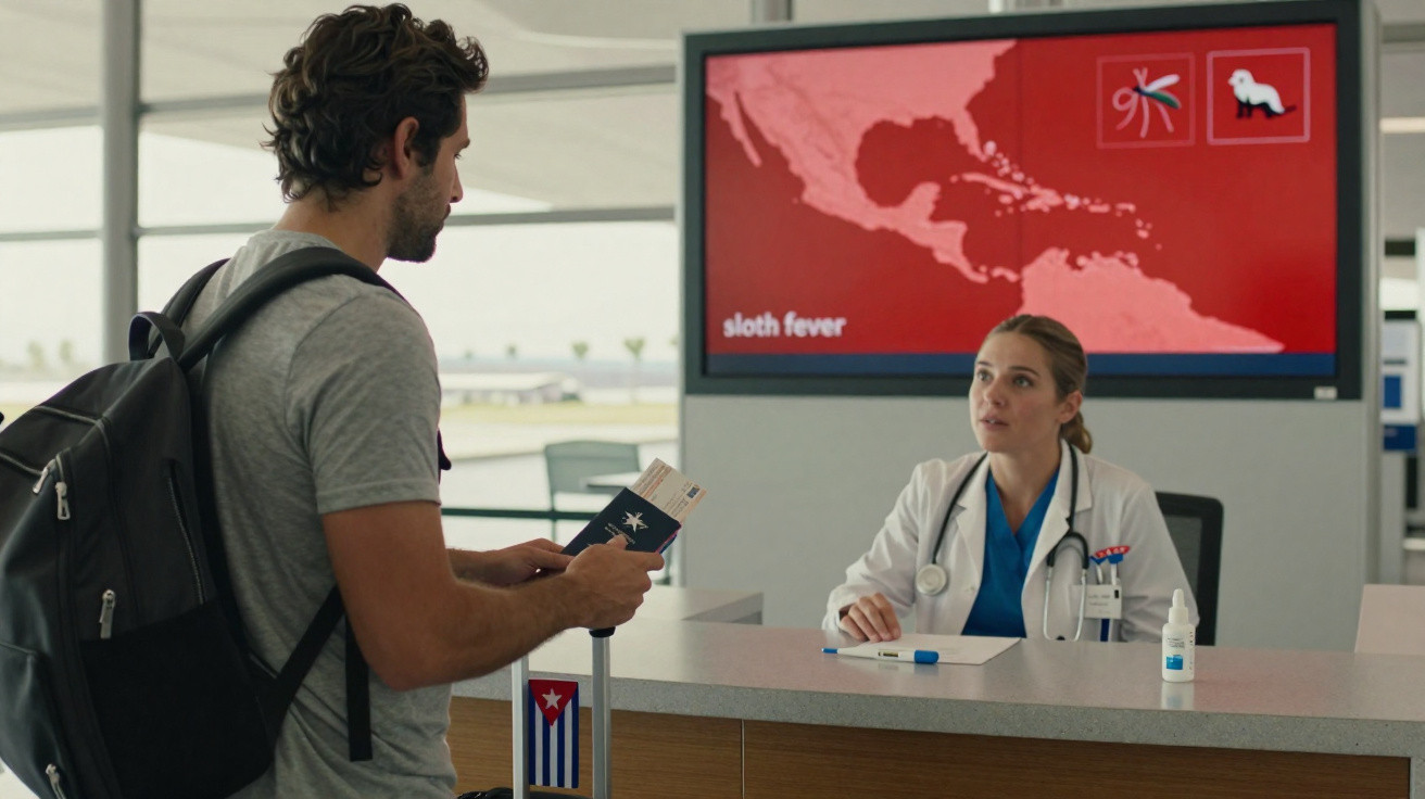 Man holding passport and boarding pass speaks to female doctor at airport health counter with sloth fever map.