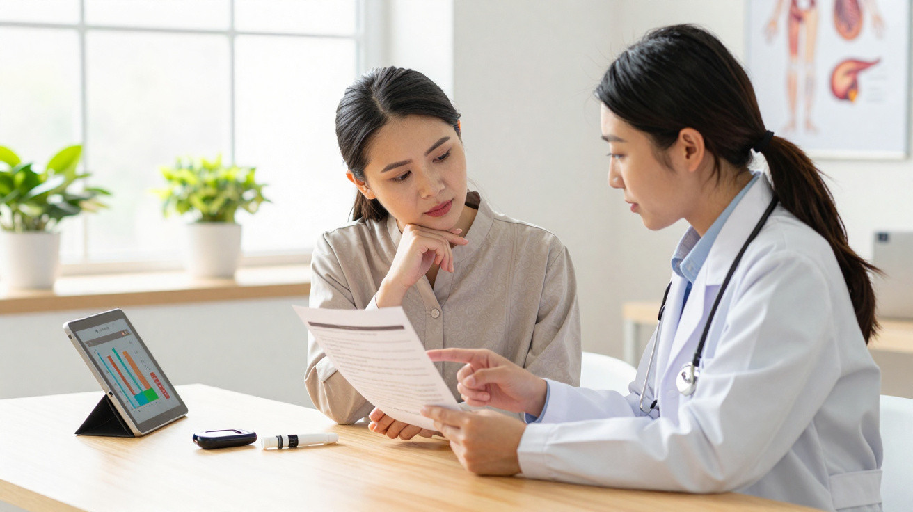 Doctor in white coat explaining medical results to female patient in bright consultation room