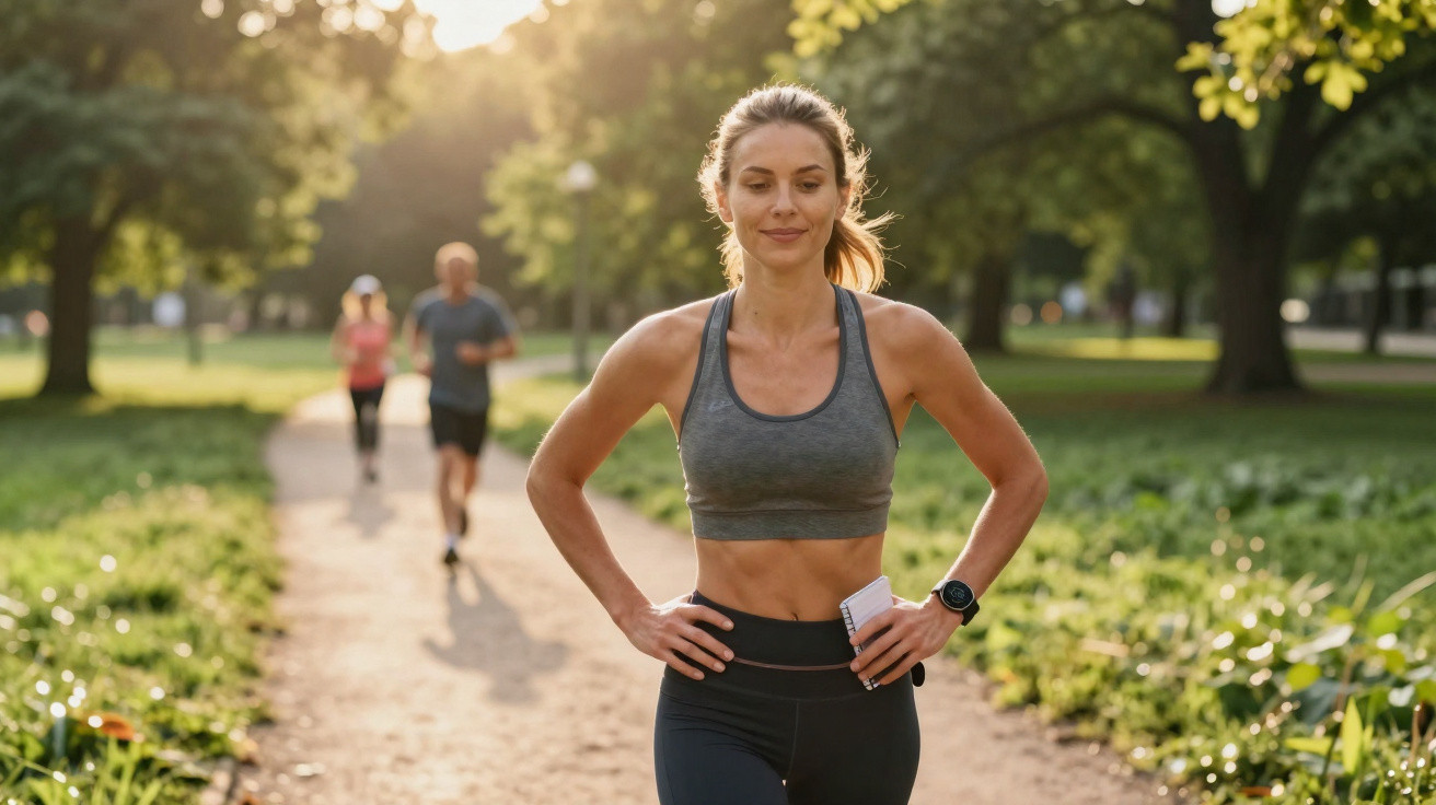 Fit woman in sportswear jogging on a sunlit park path with two blurred runners behind her.