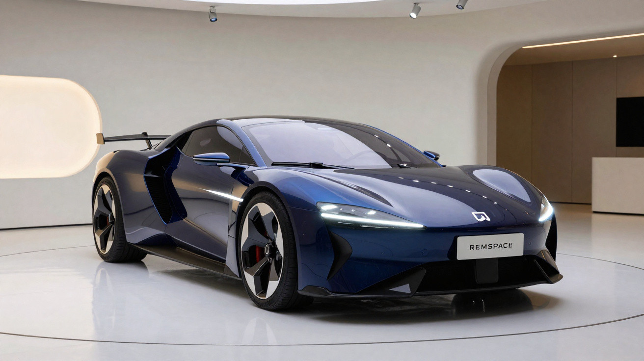 Sleek dark blue electric sports car with open doors displayed in a modern, minimalist showroom.