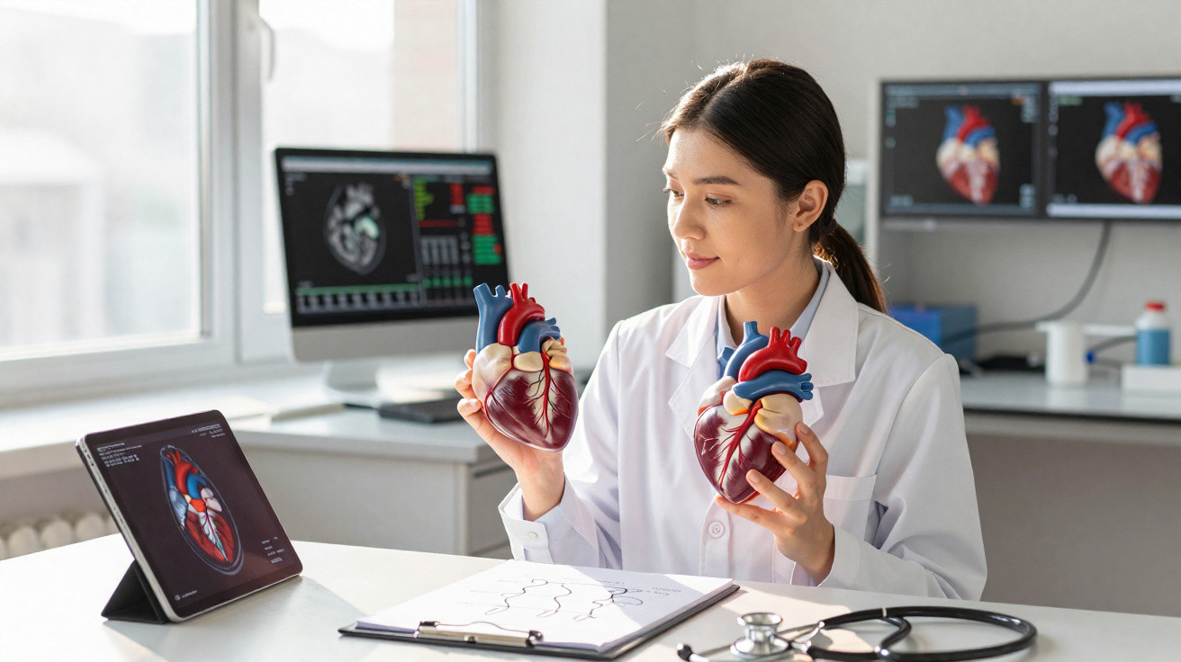 Female doctor examining two heart models with heart scans on tablet and monitors in a medical office.