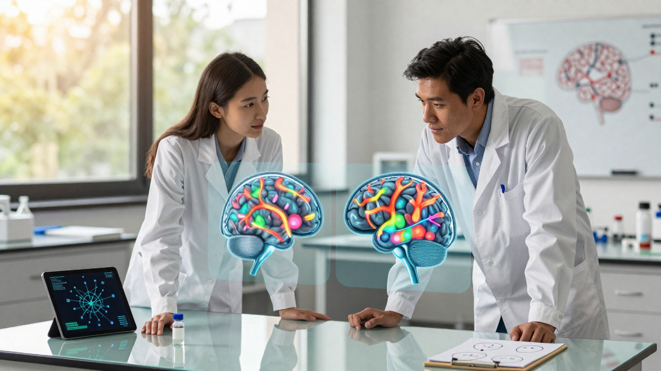Two scientists in lab coats discussing colourful 3D brain models projected on a table in a laboratory.