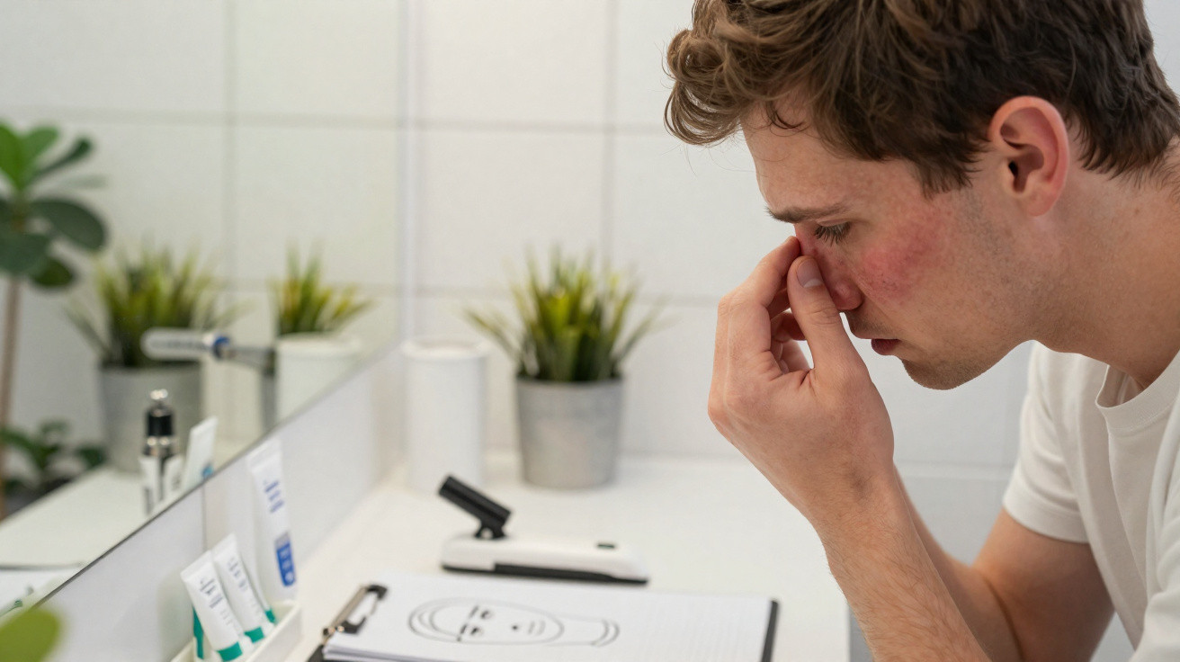 Young man examining his nose in a bathroom mirror, with skincare products and a face chart on the counter.