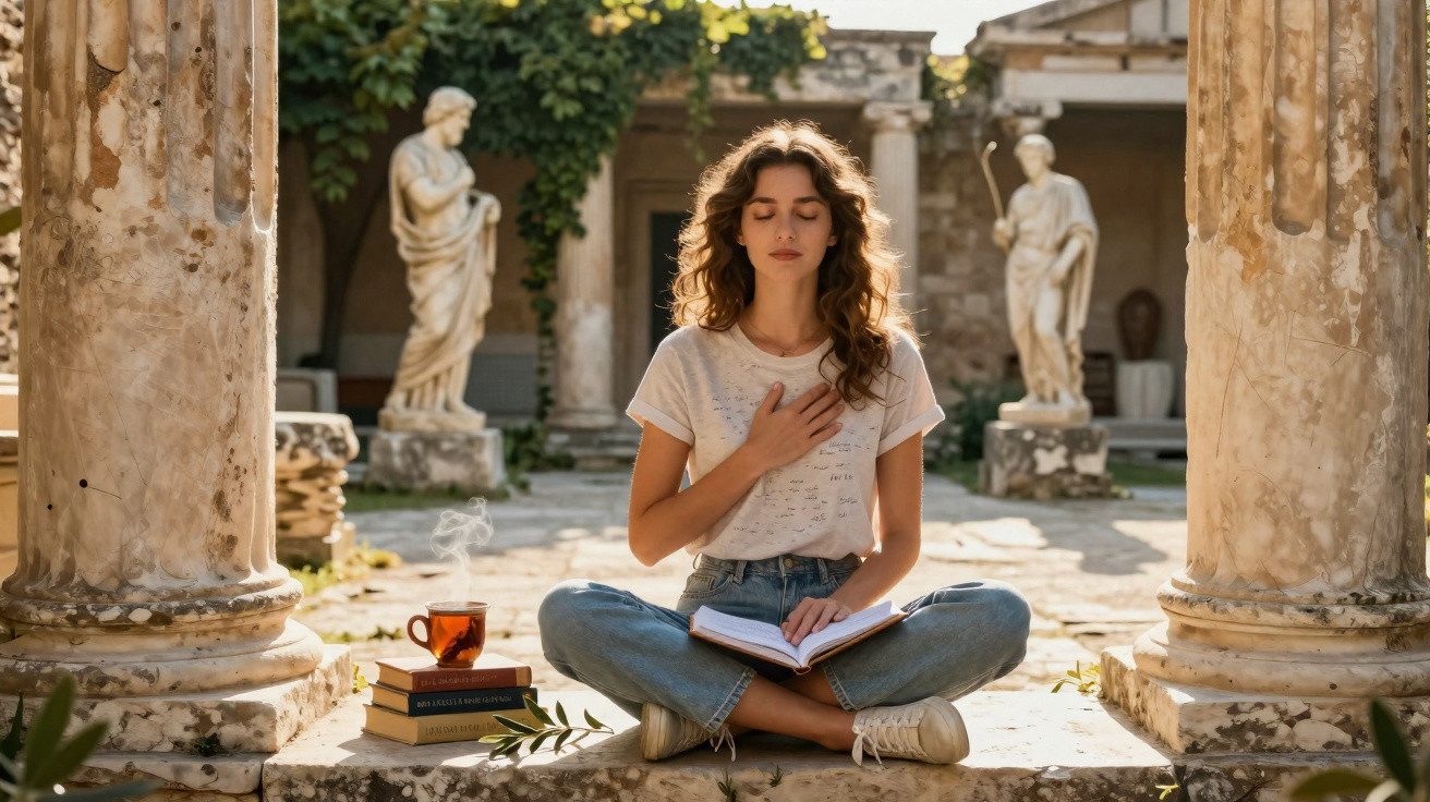 Young woman meditating with eyes closed, sitting cross-legged with a book and tea by ancient stone columns.