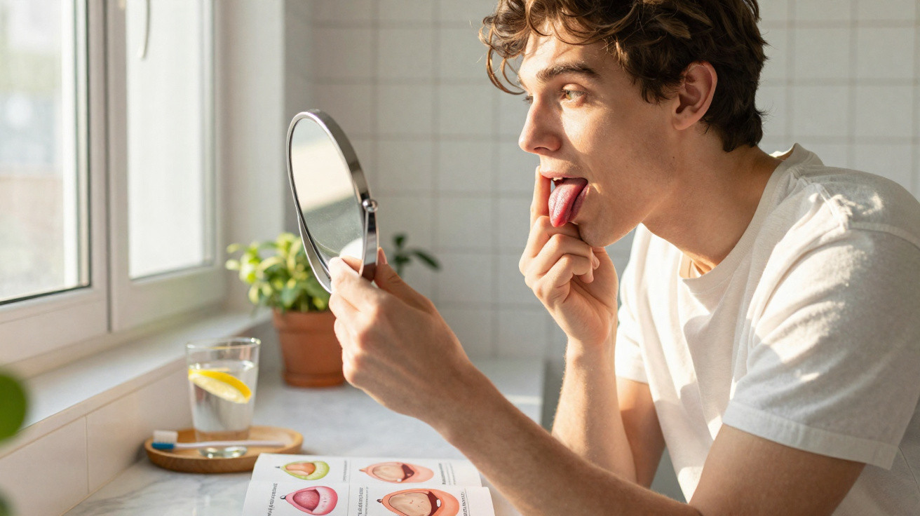 Young man inspecting his tongue in a mirror with a medical chart on a kitchen countertop nearby.