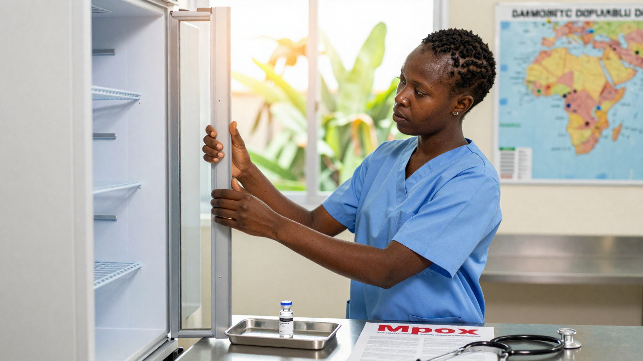 Healthcare worker in blue scrubs opening a medical fridge with Mpox information and vaccine vial on table.