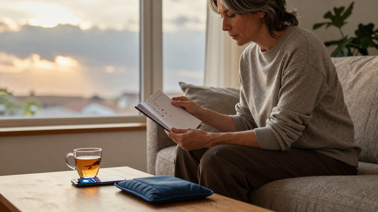 Person sitting on a sofa reading a book with a cup of tea and smartphone on the table by a large window at sunset.