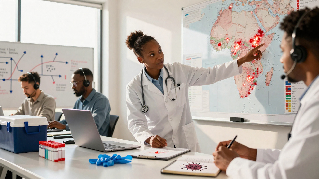 Medical researchers discuss disease outbreak using a map with red markers in a bright office setting.