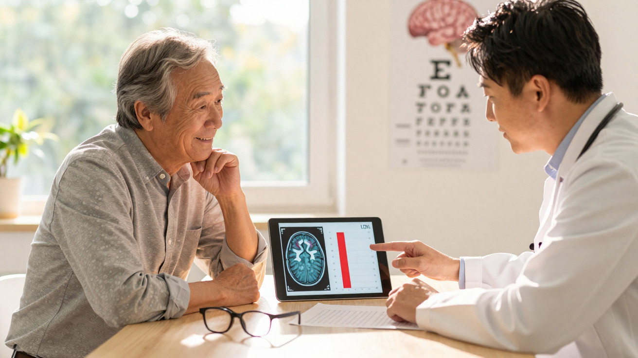 Doctor discussing brain scan results with elderly male patient in a bright medical office.