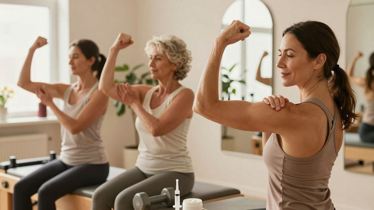 Three women sitting on exercise benches flexing their arm muscles in a fitness studio.
