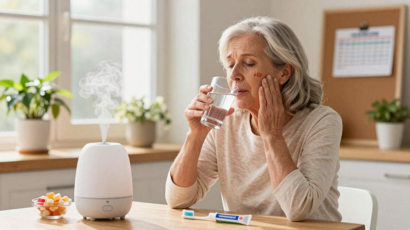 Older woman with toothache drinking water at table with oral care items and humidifier in bright kitchen.