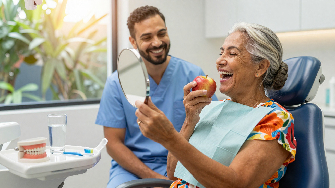 Elderly woman smiling in a dental chair holding an apple and mirror, with a male dentist smiling nearby.