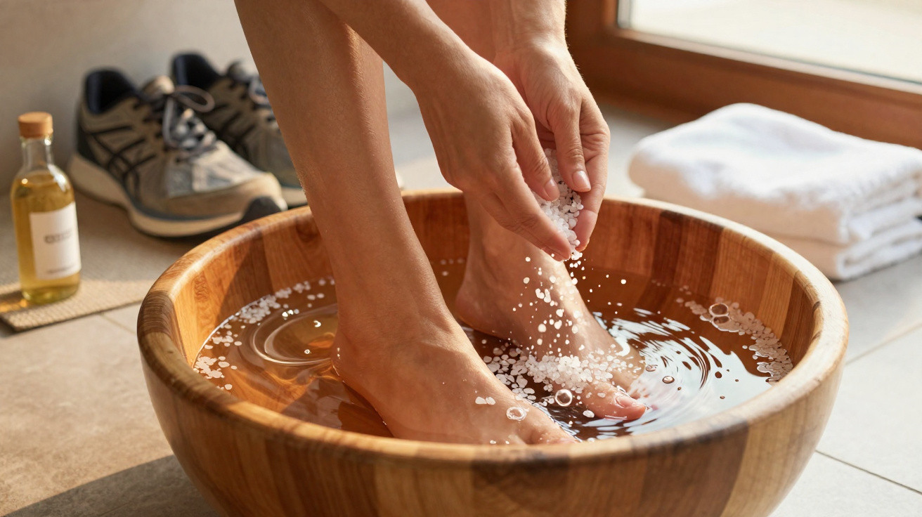 Person soaking feet in a wooden bowl filled with water and sprinkling bath salts indoors near towel and oil.